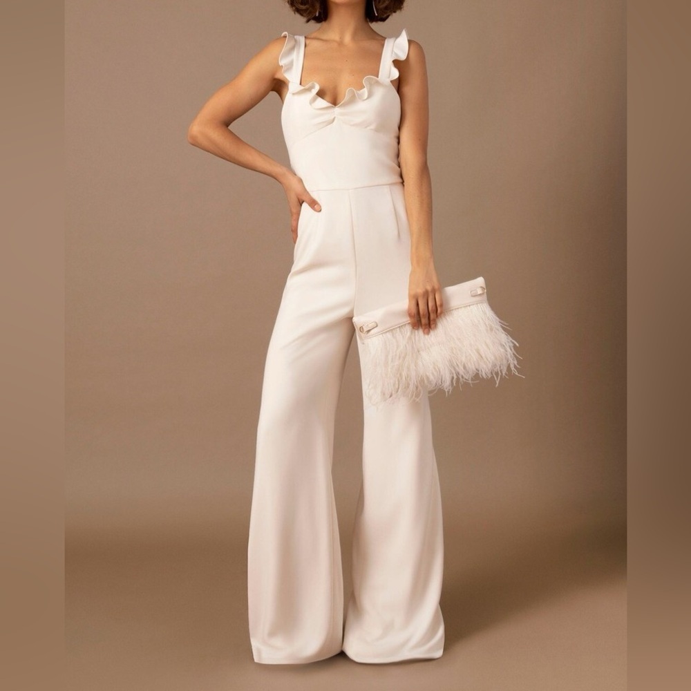 ML Monique Lhuillier BHLDN “Ada” Ruffle Jumpsuit in Ivory Sz 4